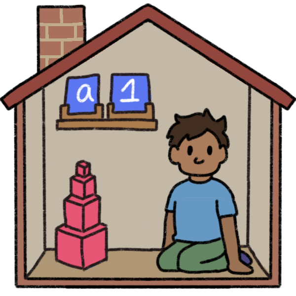 a child sitting on the floor of a home next to a tower of pink blocks. On the wall next to them are two blue sandpaper cards with “a” and “1” written on them. The child has brown skin and dark hair, and wears a blue shirt and green pants.